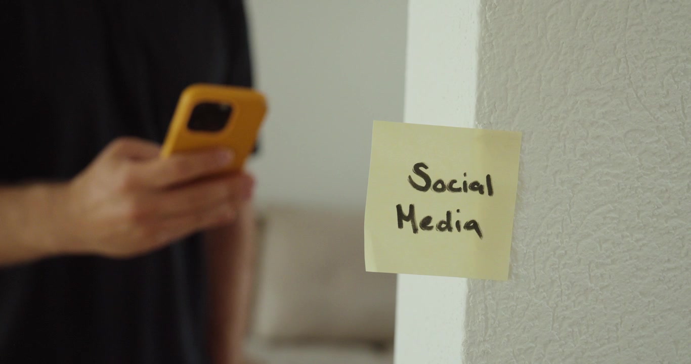 Sticky note labeled "Social Media" attached to a wall with a person using a smartphone in the background. Concept of digital communication, social networking, and online lifestyle.