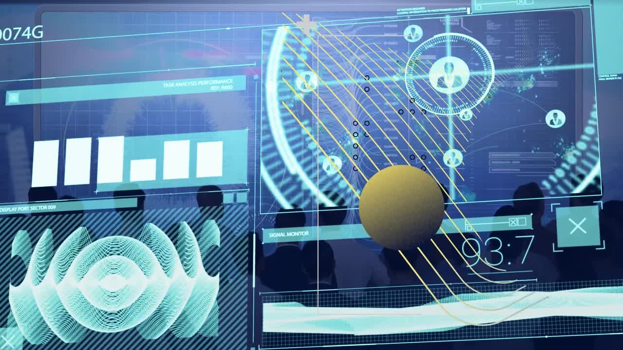 animación del procesamiento de datos y escaneo de alcance sobre personas de negocios