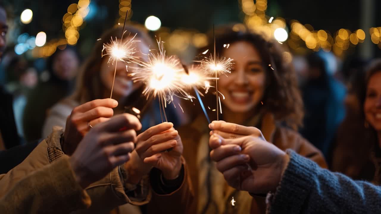 Celebrando Juntos con Bengalas en un Ambiente Festivo, Iluminado por Luces Cálidas, Capturando la Alegría, la Amistad y el Espíritu de Unión en la Noche