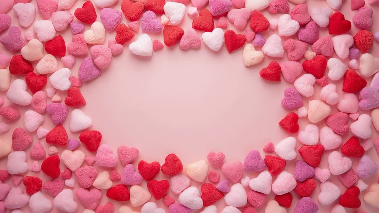 Caramelle a forma di cuore in movimento verso l'interno su una superficie rosa pallido mentre le inquadrature avanzano, colmando gli spazi vuoti e formando un cuore