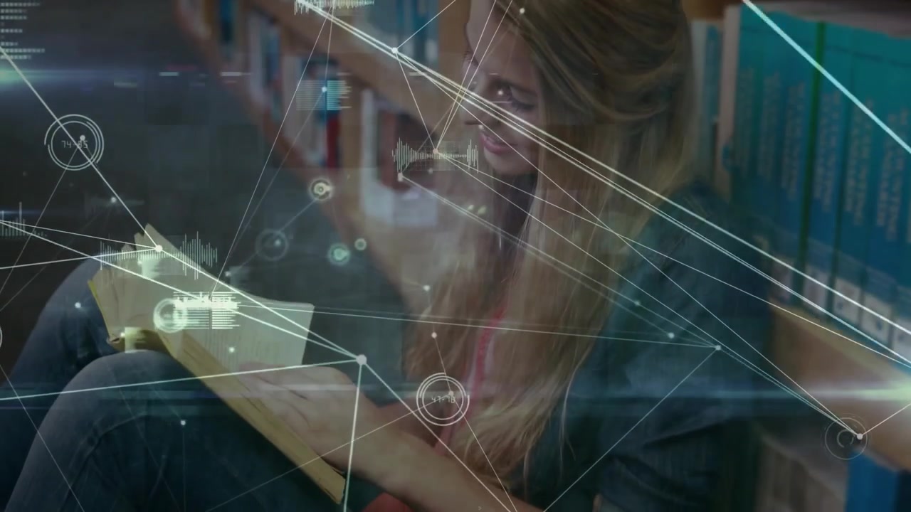 Camera panning upward revealing student reaching book studying text for education with data lines