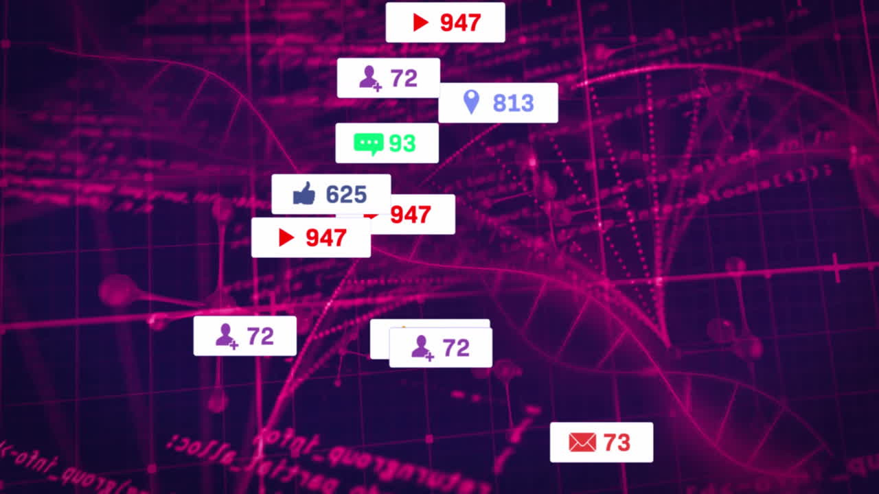 Animation of social media notifications and analytics on digital network background