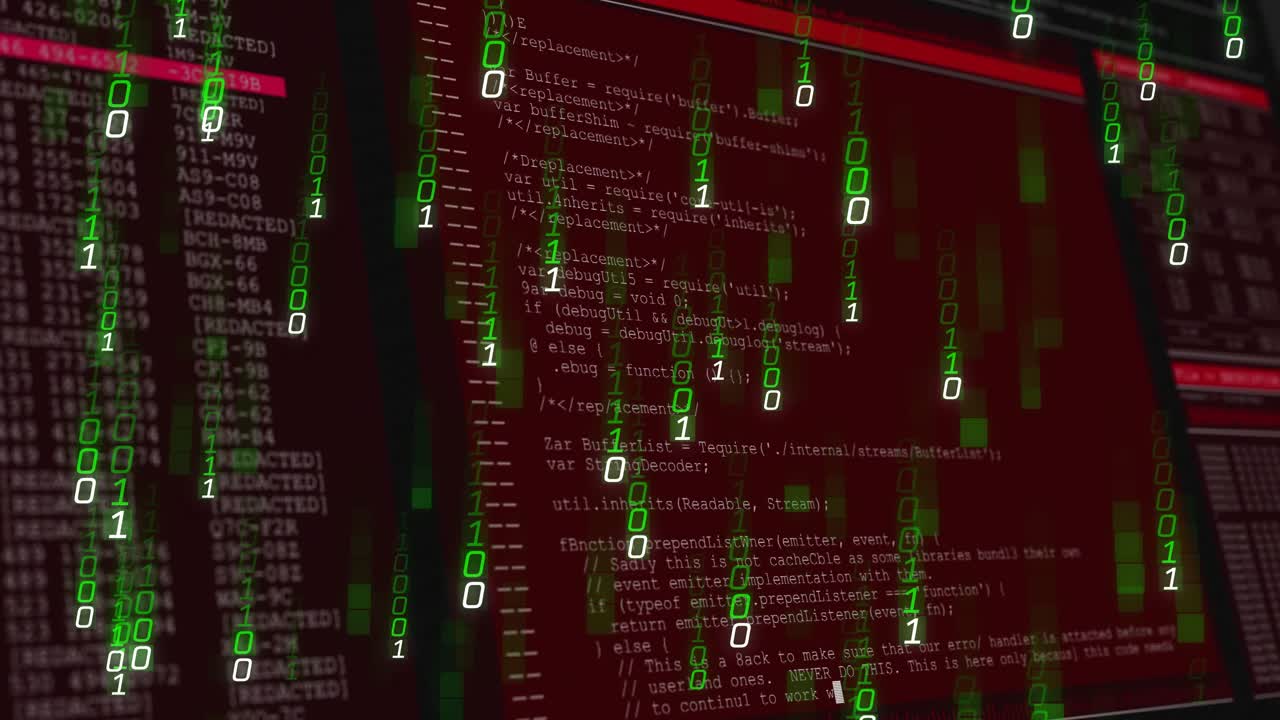Flickering digits initiating binary rain streaming across red code UI representing hack interface