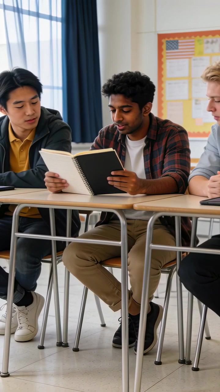 Vertical video: Opening spiral notebook, central student in plaid reading in class for group study