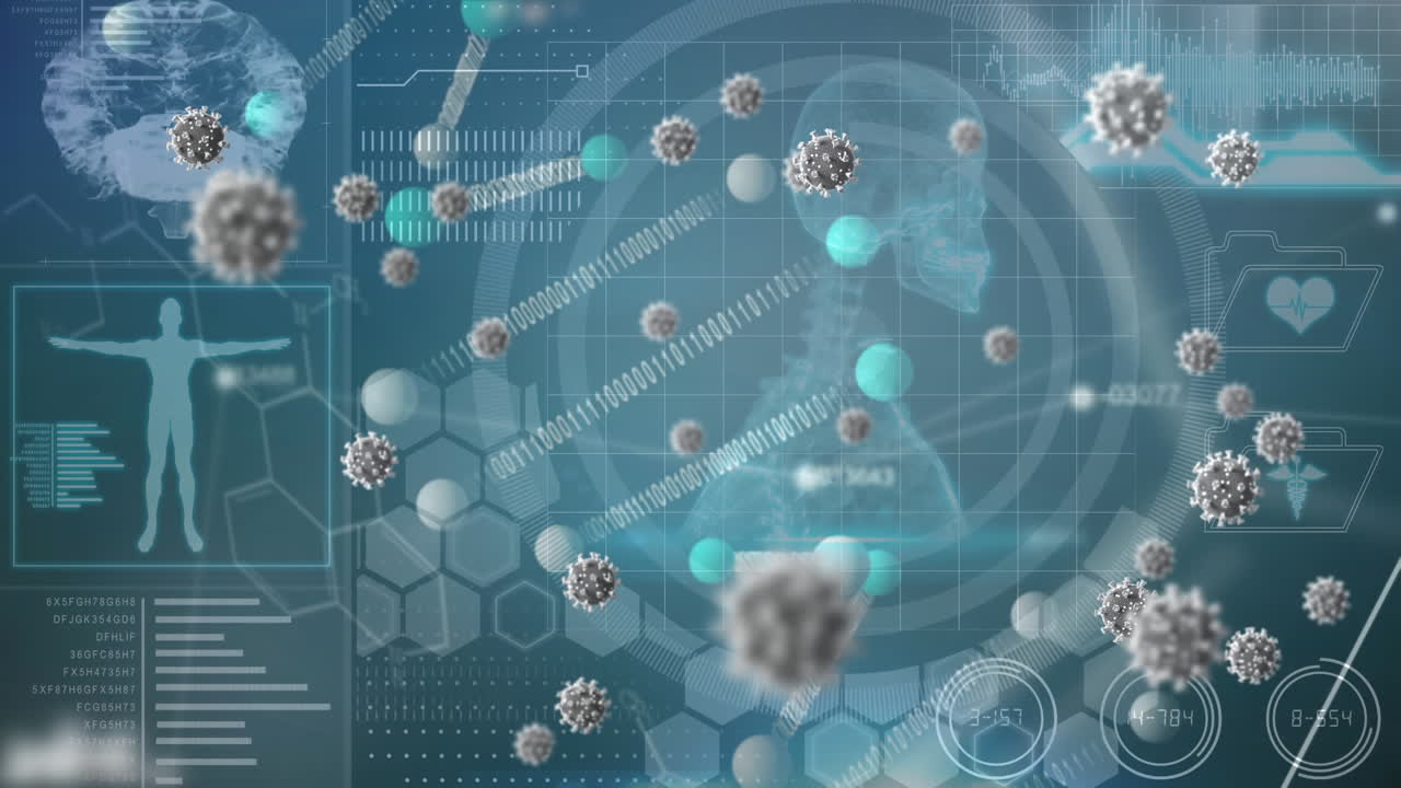 코로나 19 세포의 애니메이션 범위, dna 및 의료 데이터 처리