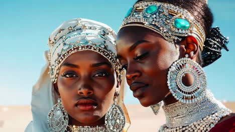 two women wearing headdresses in the desert with pearls on their necks