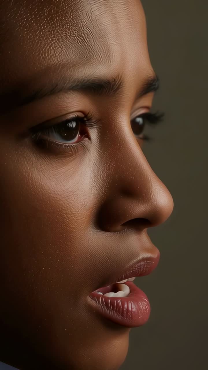 Vertical video: Breathing female subject opening mouth and forming words in studio, teeth visible