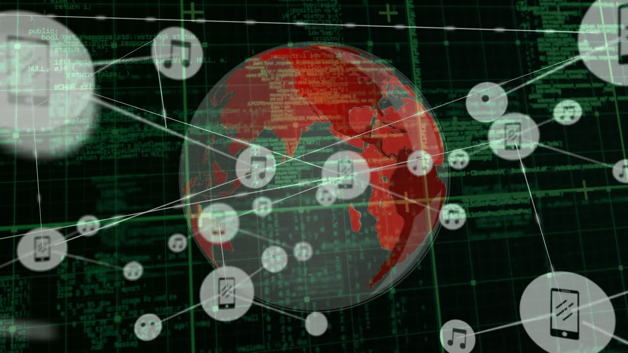전 세계와 그리드에 대한 아이콘으로 연결 네트워크의 애니메이션