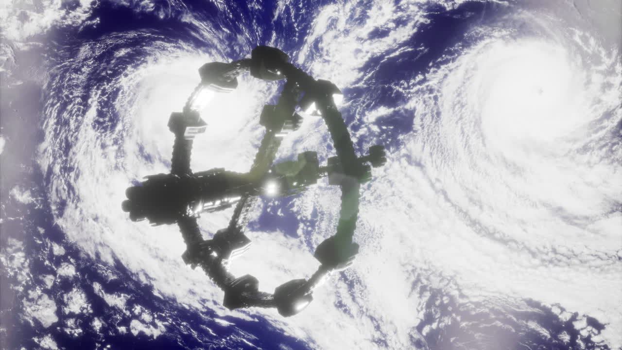 Space station orbits earth amidst swirling storms in dramatic view