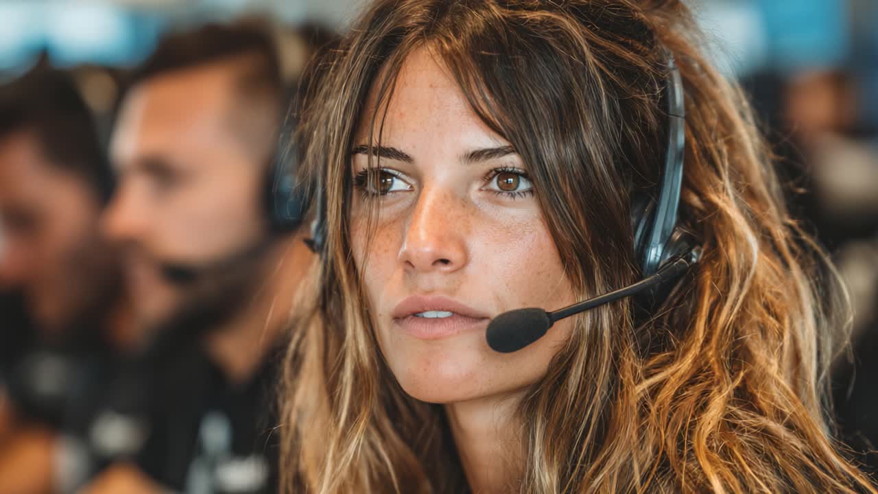 Een intense momentopname: een gefocuste operator die aan het communiceren is, omringd door collega's in een levendige werkomgeving