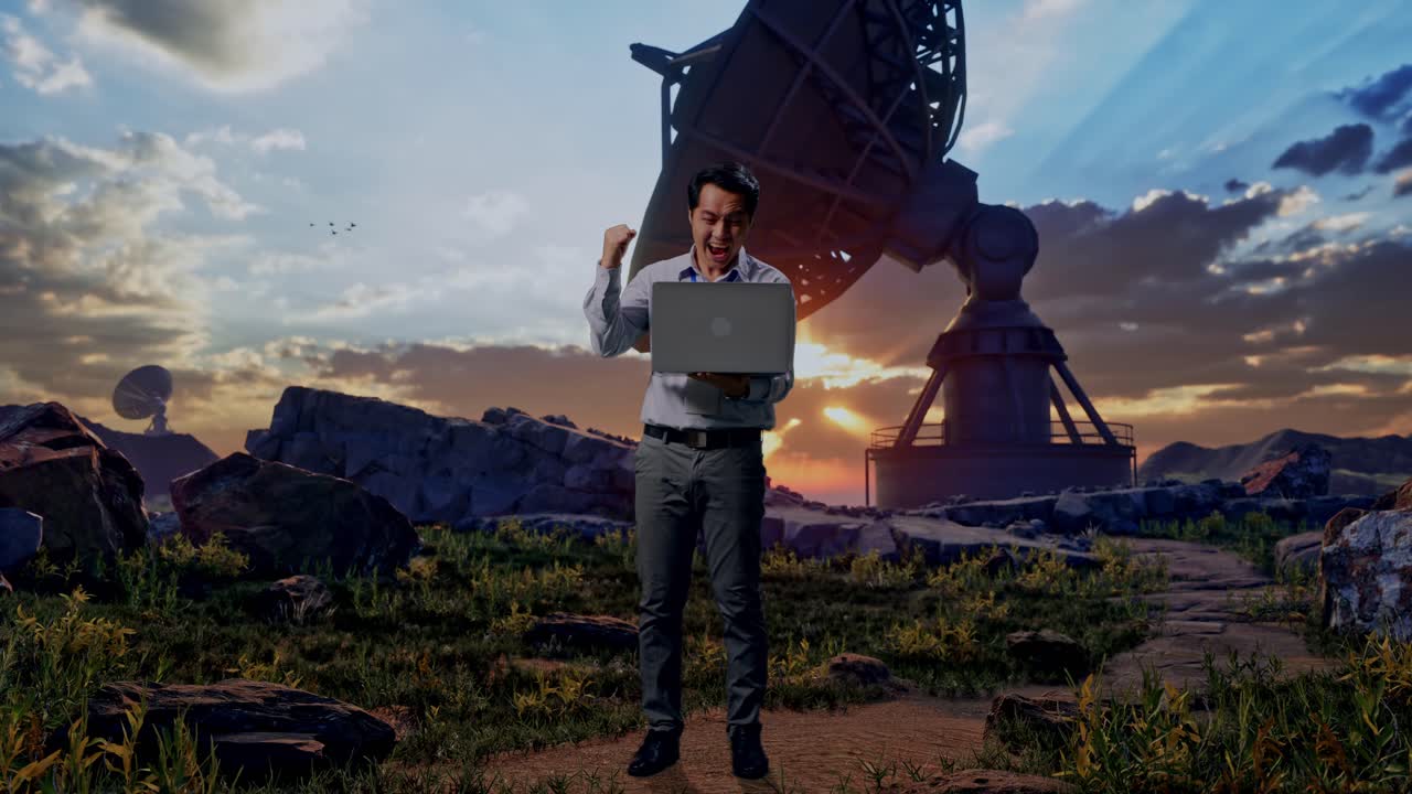 Full Body Of An Asian Male Professional Worker Standing With His Laptop With Large Satellite Dish, He Raises His Fist Up With Screaming Goal