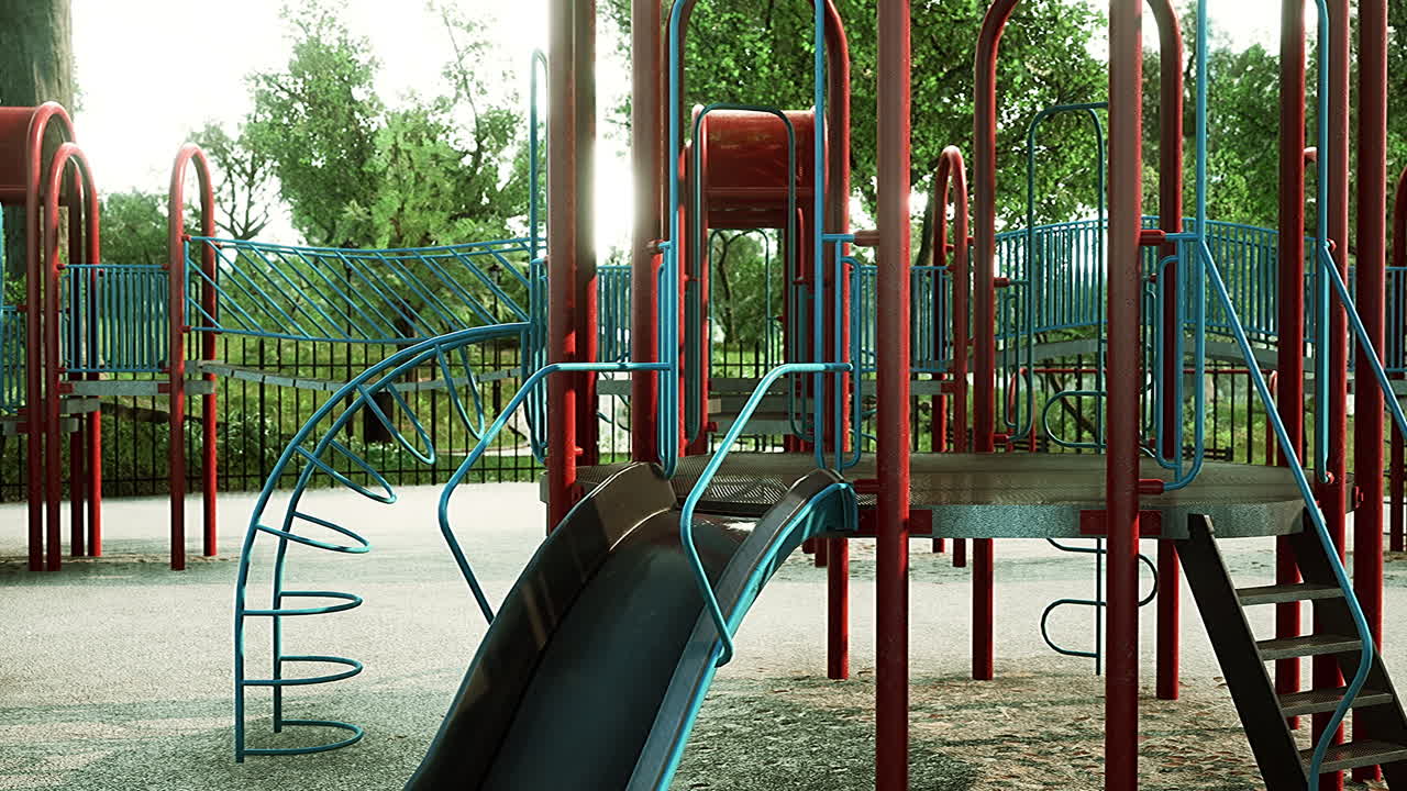 Empty swings on summer kids playground
