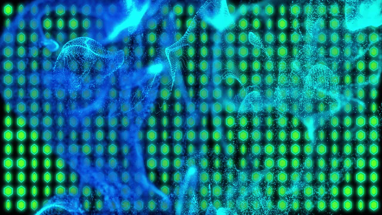 Dopo una pausa, nastro ciano che entra, si divide ed espande su una griglia di punti verde visualizzando la densità.