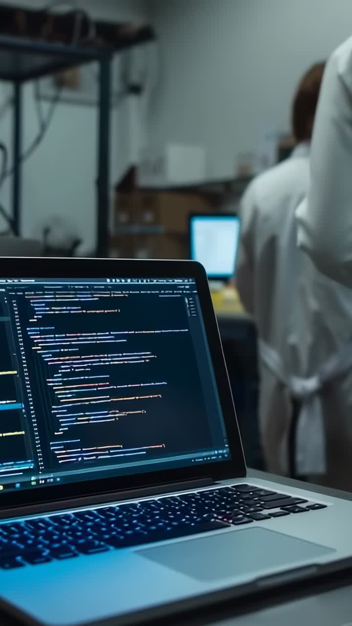 Vertical video: Focusing on laptop showing code in lab with lab tech reading monitor, copy space