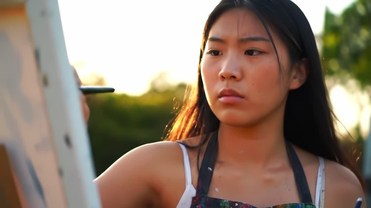 Young Artist Concentrates on Creating a Beautiful Painting as the Sun Sets in a Serene Outdoor Setting, Capturing the Essence of Artistic Passion and Focus