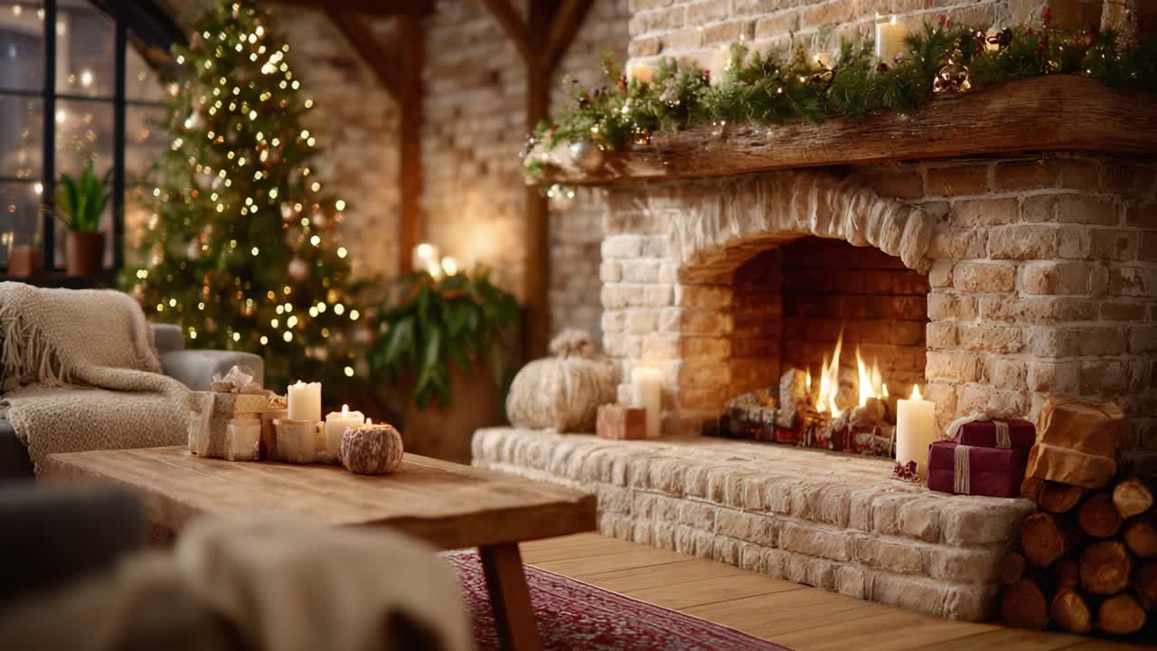 A Cozy Christmas Retreat: A Warmly Decorated Living Room Featuring A Brick Fireplace, Twinkling Lights, Elegant Ornaments, And A Lush Christmas Tree