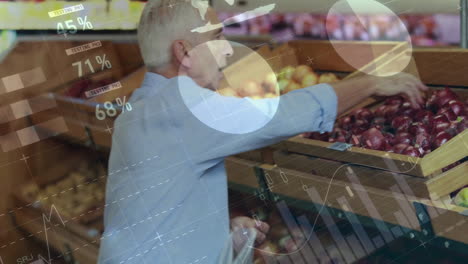 animation of financial data processing over senior caucasian man shopping