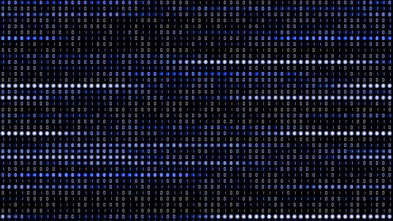 Binary code on blue screen with round glowing pixels. Variable digital computer code of ones and zeros. Looped animation with numbers in diodes.