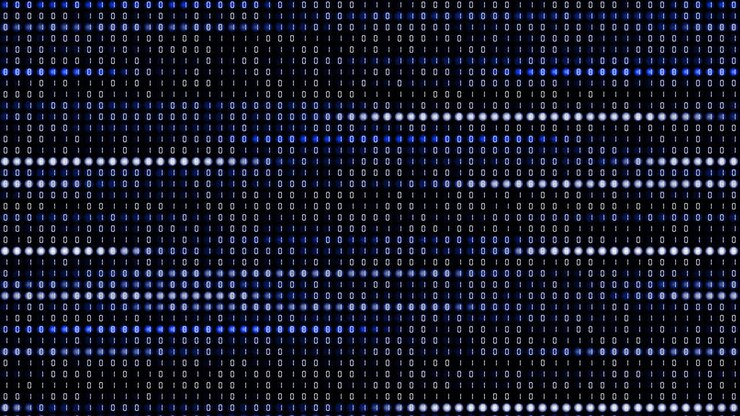 Binary code on blue screen with round glowing pixels. Variable digital computer code of ones and zeros. Looped animation with numbers in diodes.
