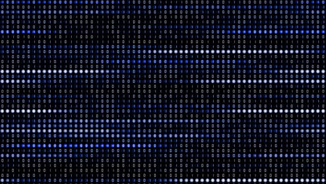 binary code on blue screen with round glowing pixels. variable digital computer code of ones and zeros. looped animation with numbers in diodes.