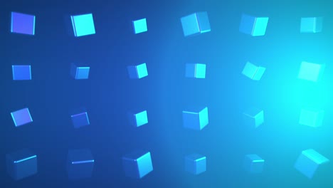 abstract 3d geometric shapes in rows spinning on blue background, seamless loop. animation. small blue cubes rotating endlessly in different directions