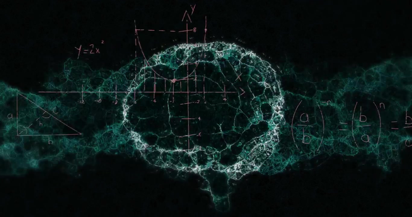 Animation of math formulas, brain and dna on black background