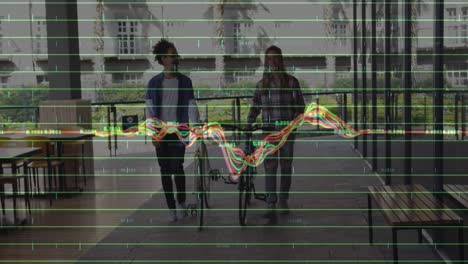 animación del procesamiento de datos financieros sobre diversas personas que caminan en bicicleta.