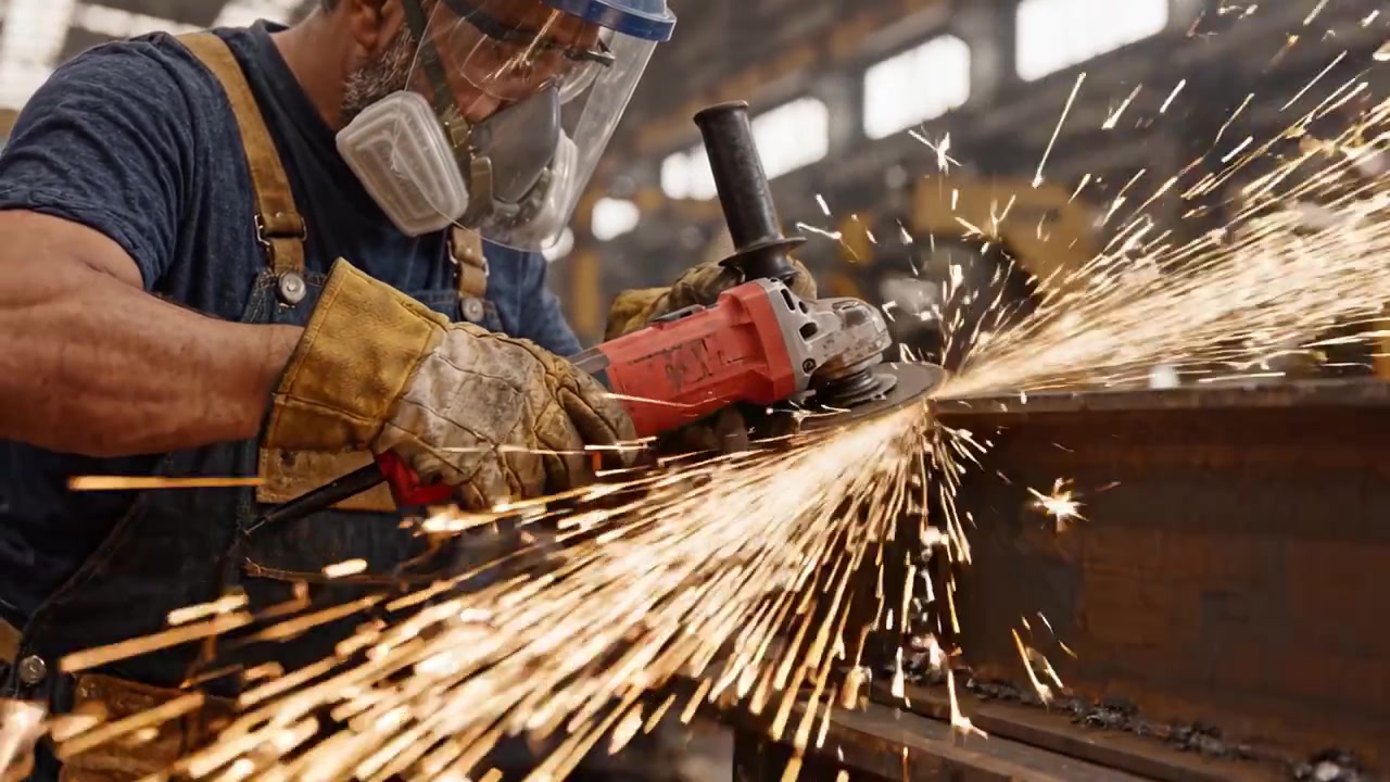Um trabalhador qualificado realiza esmerilhamento de metal, com faíscas voando em um ambiente de fábrica, demonstrando precisão e maestria com equipamento de segurança e ferramentas.