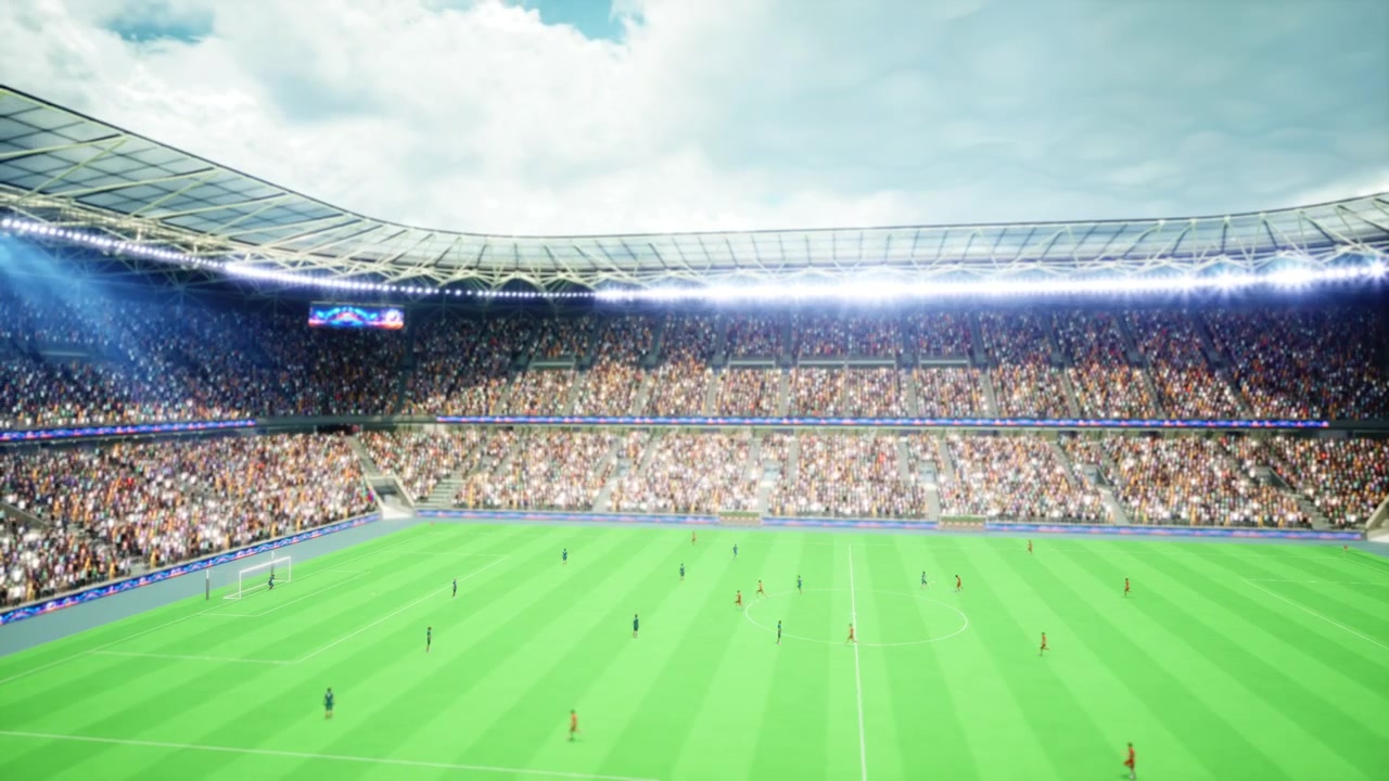 Calciatori renderizzati in 3D che corrono attraverso il campo dello stadio durante il giorno della partita