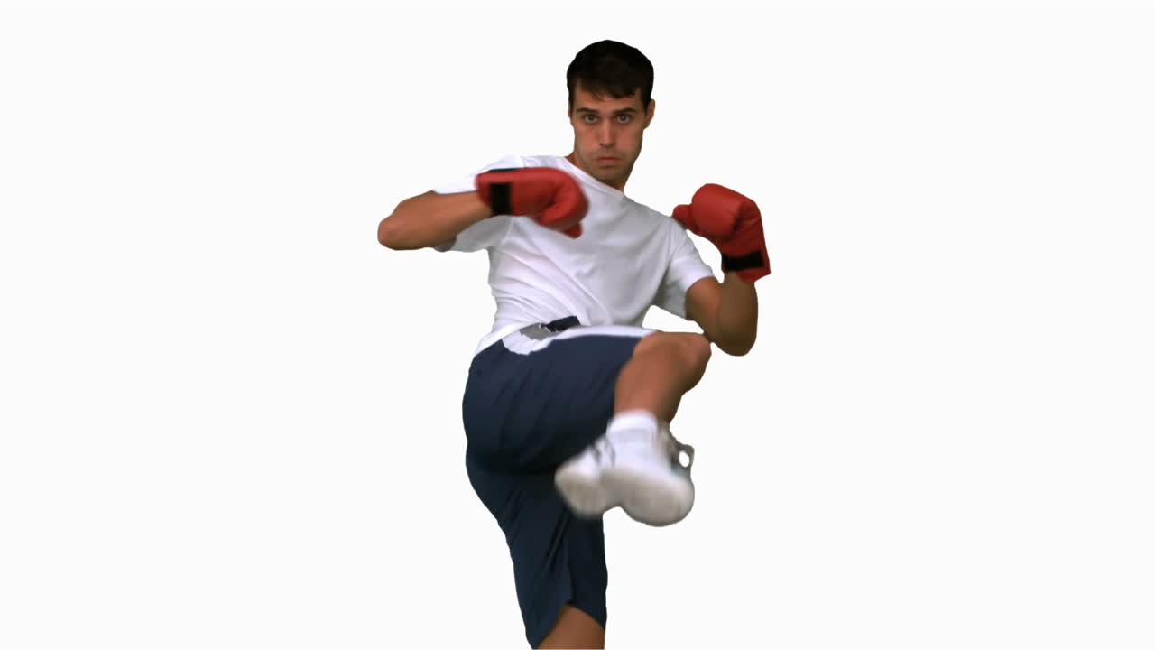 boxeador realizando una patada alta en la pantalla blanca