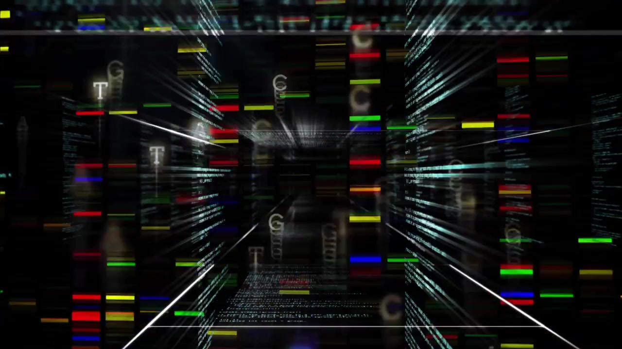 Upon perspective shift speeding camera through 3D tunnel streaming bars letters visualizing data
