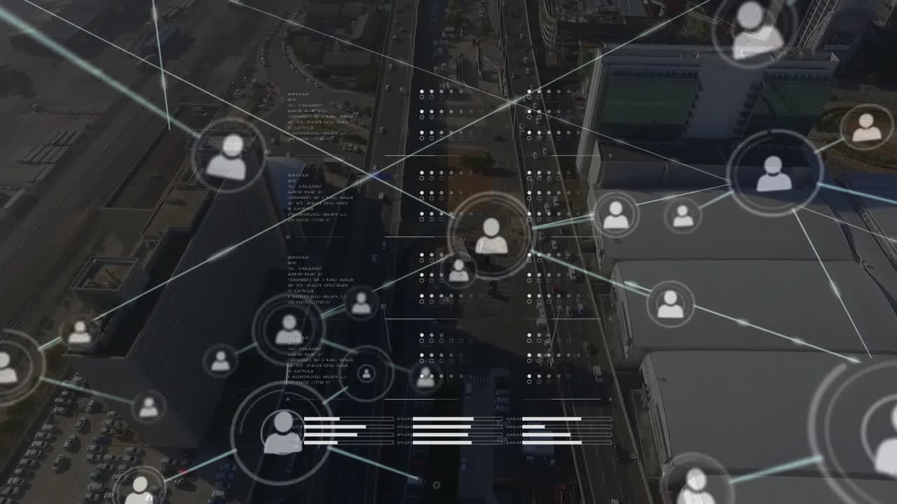 red de conexiones y animación de procesamiento de datos sobre el paisaje urbano