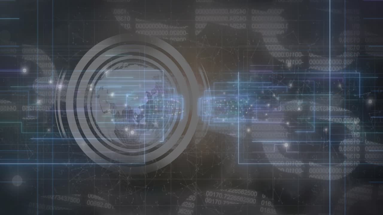 senderos de luz azul sobre el globo giratorio y el icono de la cadena de seguridad contra fondo azul