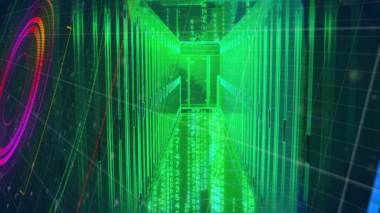 Animation of flashing coloured light beams and circular scanner over green lit server room