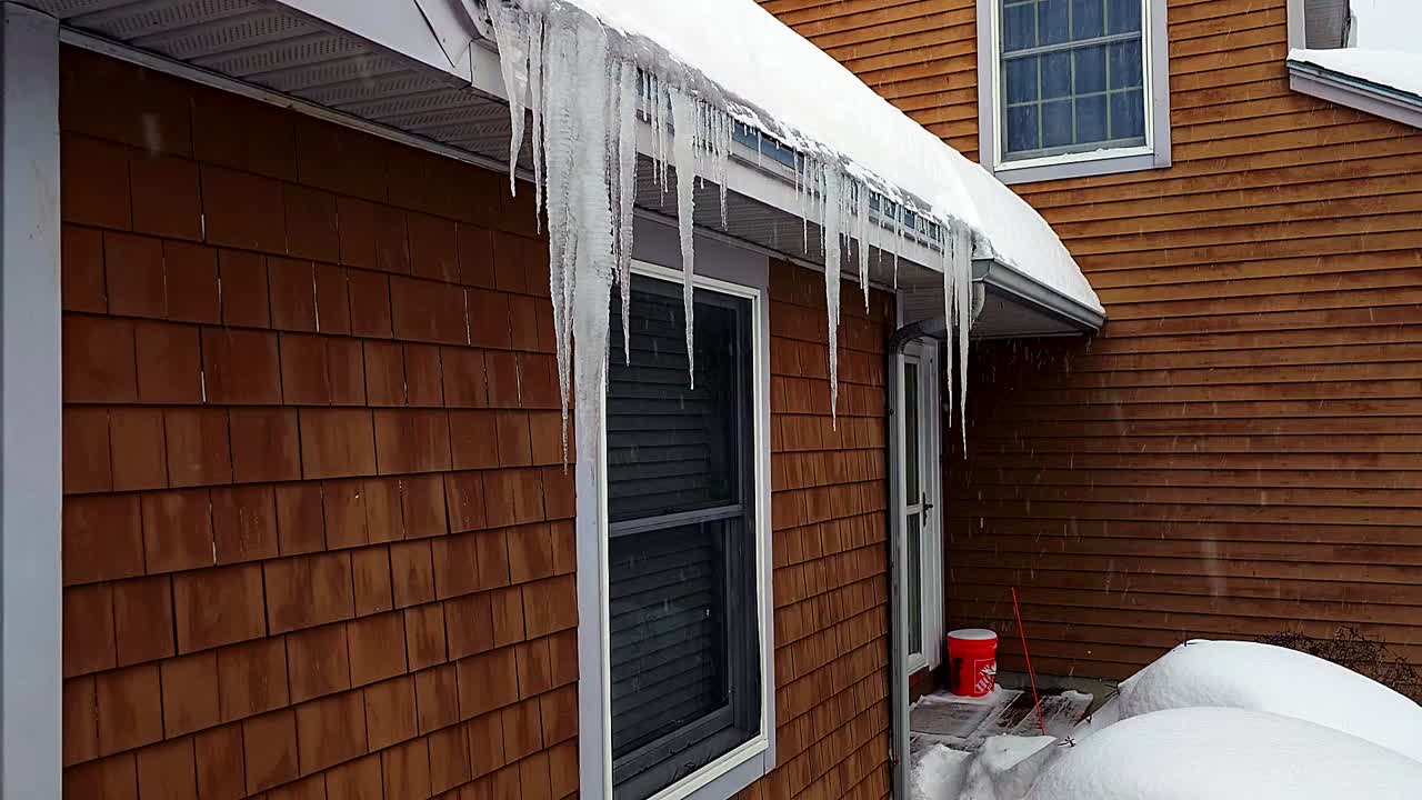 Closeup of icicles during snow storm in Portland, Me