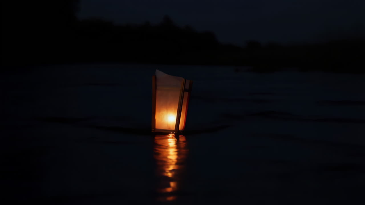 Floating Lantern on Dark Water at Night