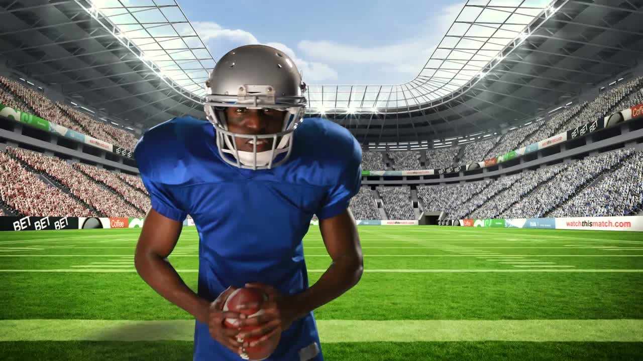 Animazione di un giocatore di football americano su uno stadio sportivo