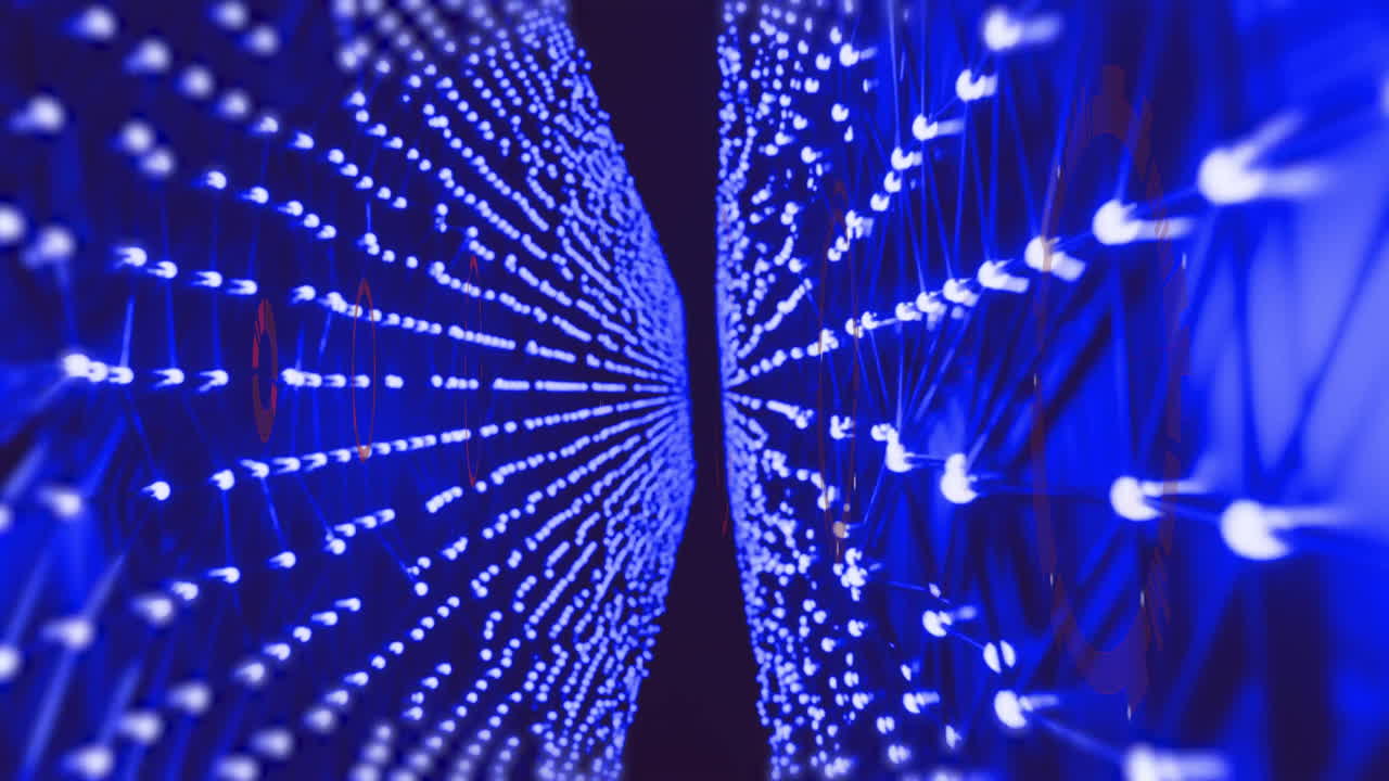 Animation of digital data processing over mesh of connections on black background
