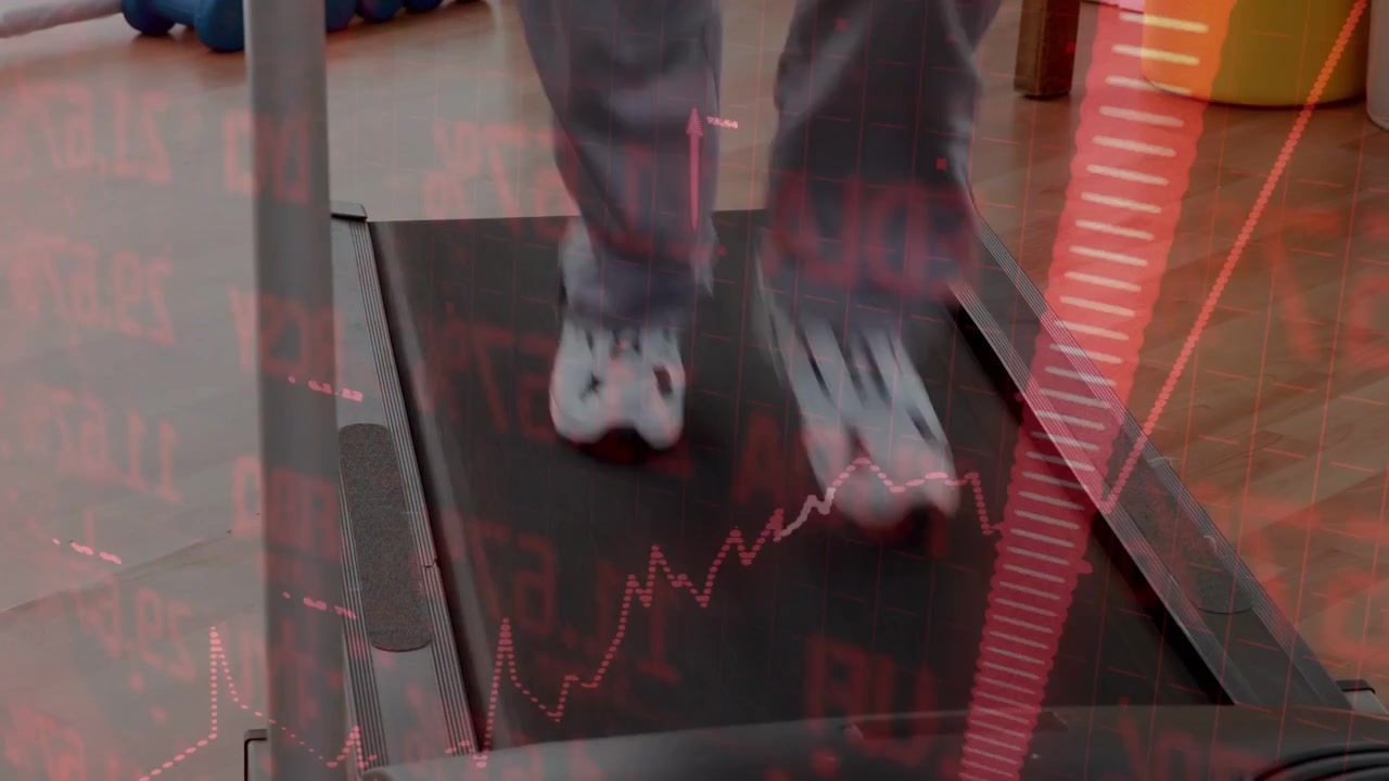 Adult placing foot starting belt, shifting walk to jog, red charts overlaying treadmill for fitness