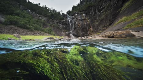 An-over-under-water-shot-of-the-shallow-river