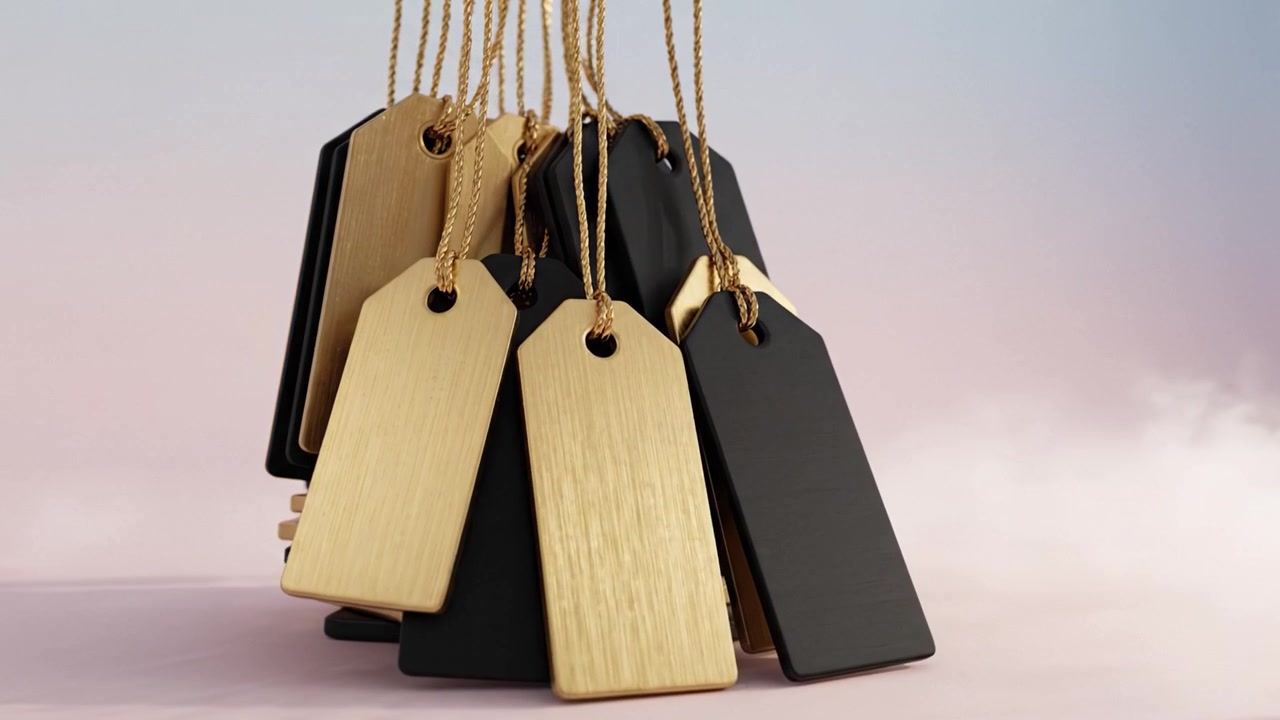 Elegant og stilfuld kollektion af hængende prisskilte med guld- og sorte finish, placeret mod en blød gradientbaggrund, der fremhæver deres unikke designfunktioner