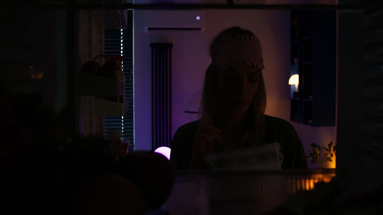 Donna che mangia uno spuntino notturno dal frigorifero