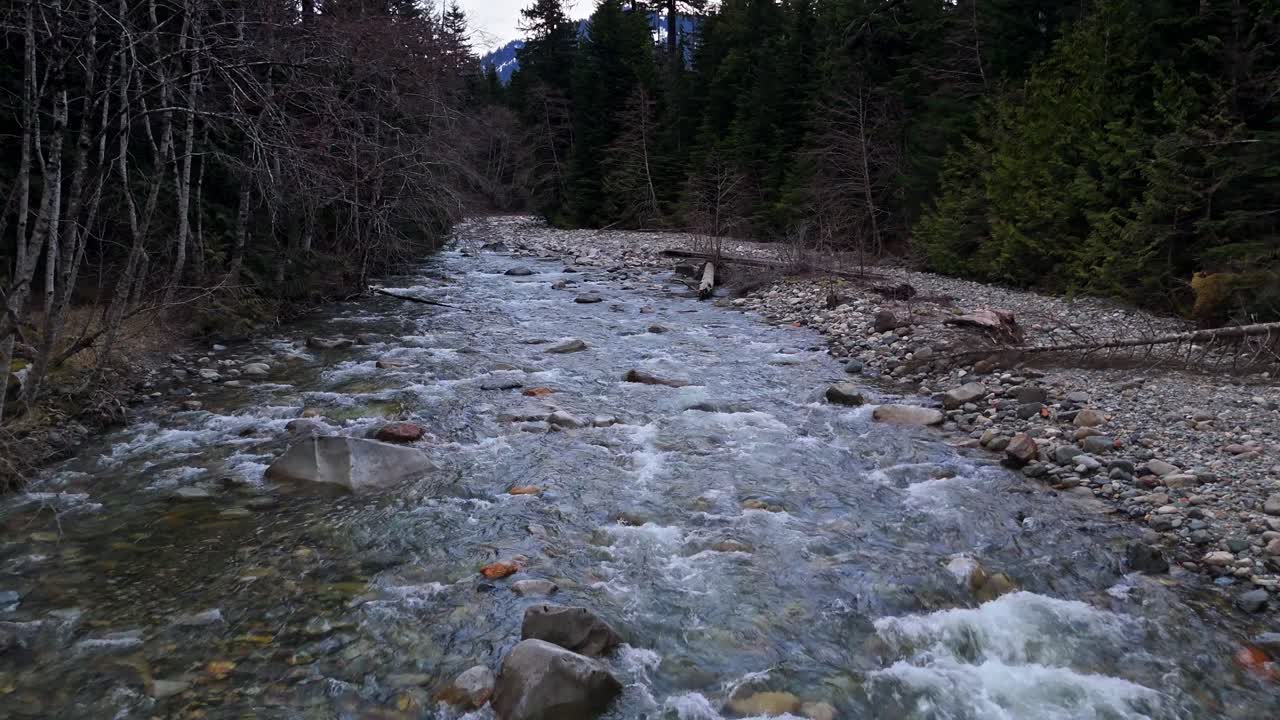 Rilassante ripresa lenta in avanti sopra il fiume Hansen Creek che scorre a Snoqualmie, Stato di Washington