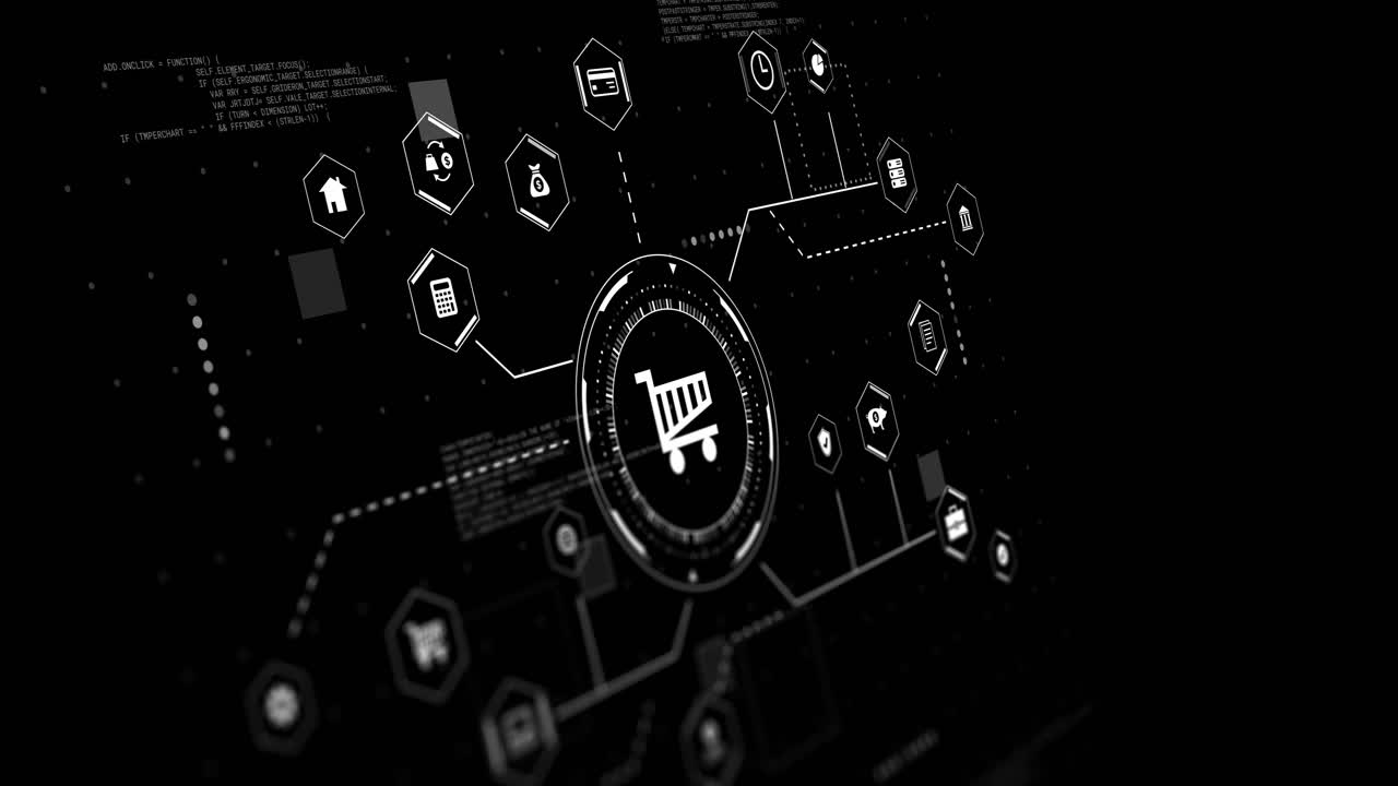 animación de iconos de carretillas de negocios y compras con procesamiento de datos sobre fondo negro