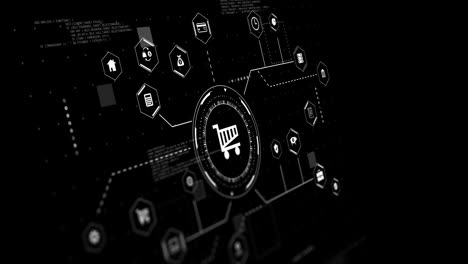 animation of business and shopping trolley icons with data processing over black background