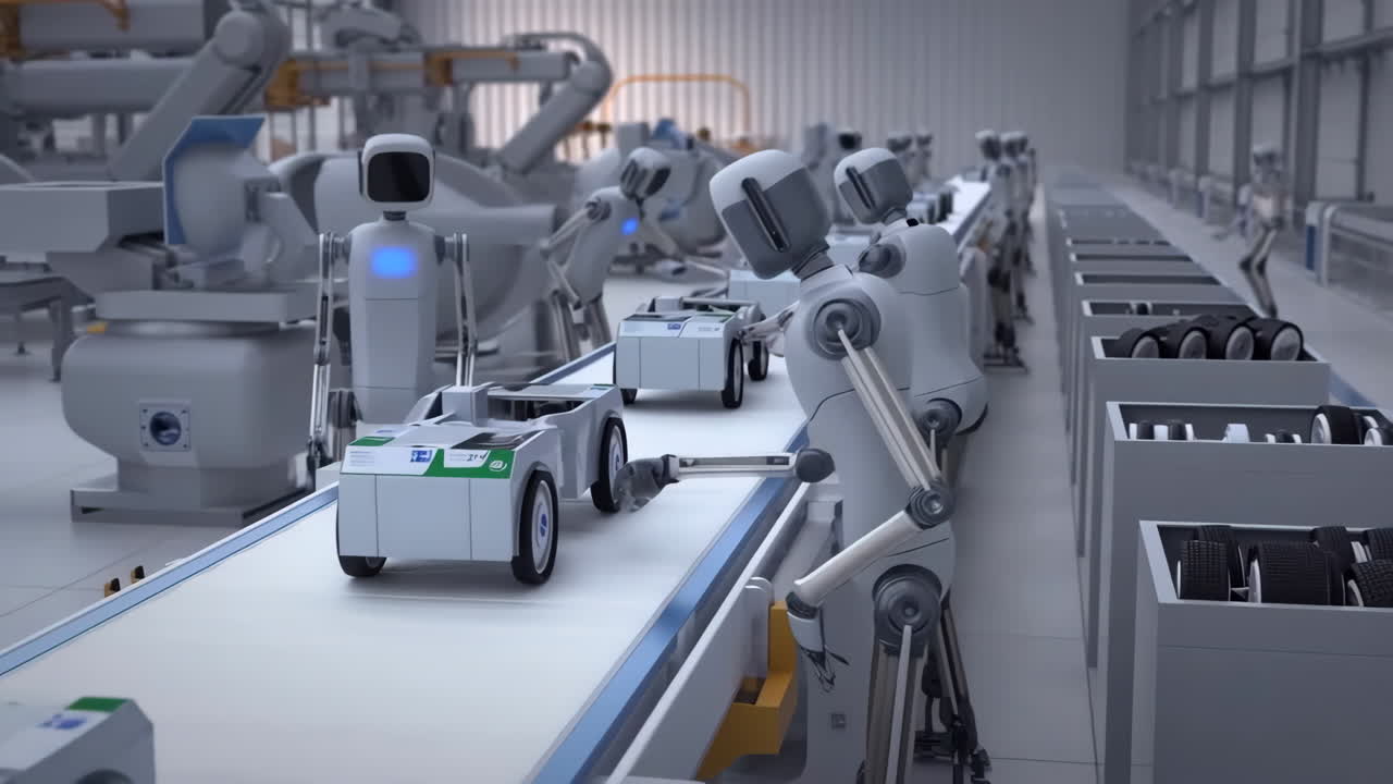 Robots working on an automated assembly line in a factory