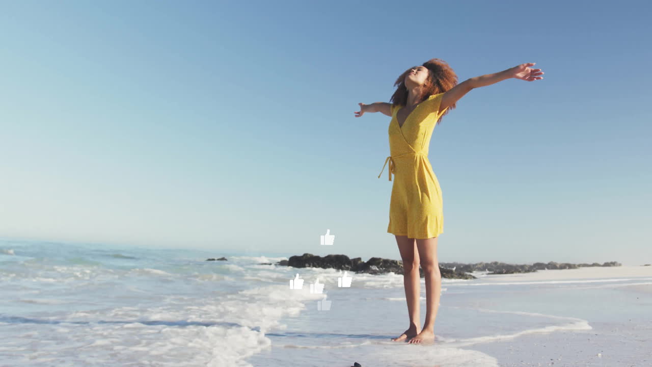On sunny beach, woman in yellow dress feeling ocean breeze, animation in mind
