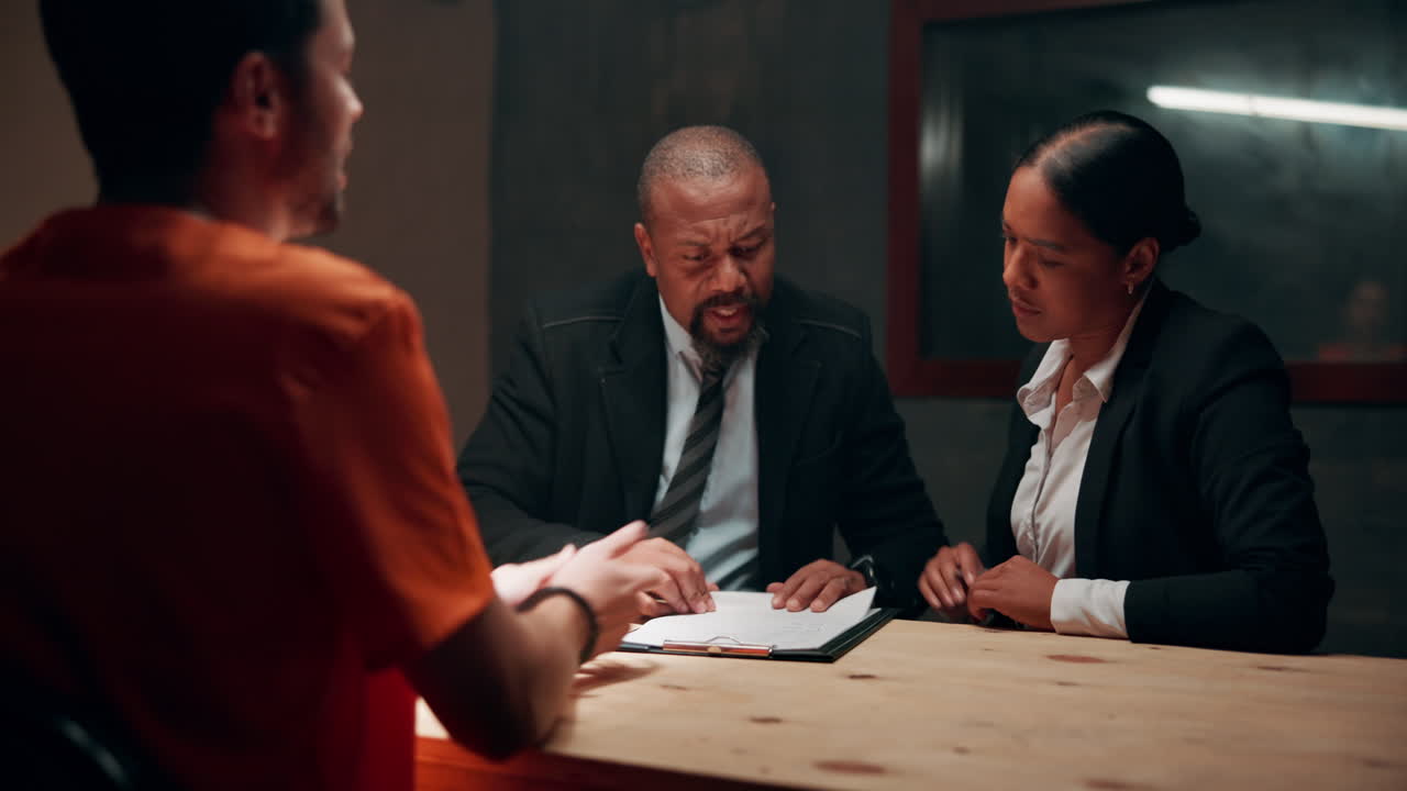 An interrogation scene with lawyers questioning a prisoner
