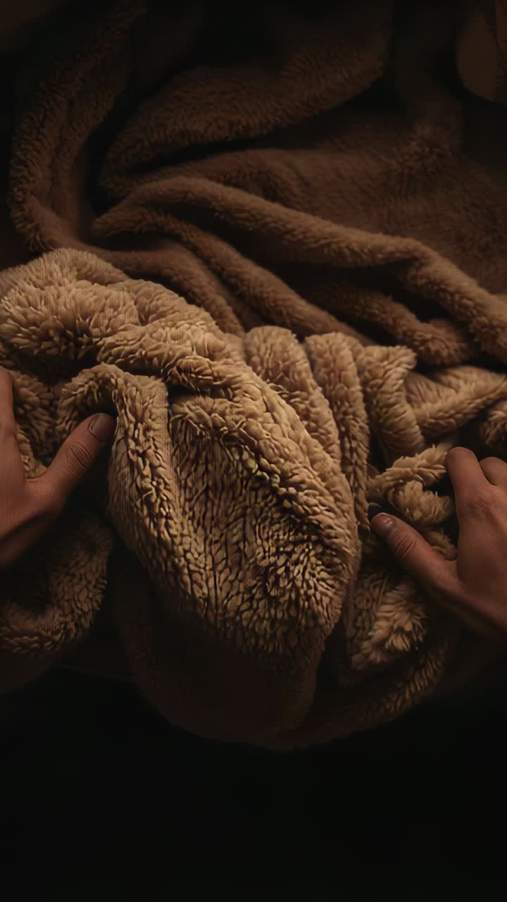 Video verticale: Mani che si posano su una soffice coperta di pile beige sul letto, appianando le rughe in pieghe.