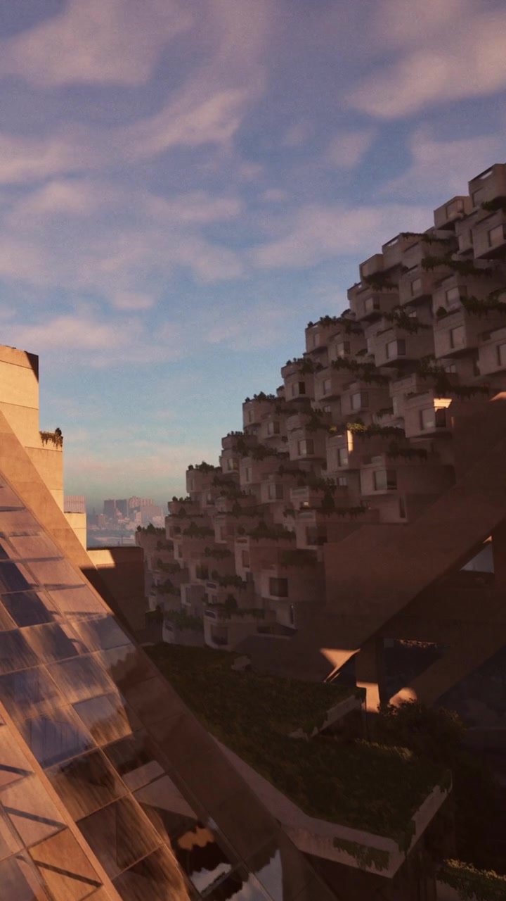 Modern building with unique design at sunset in urban landscape
